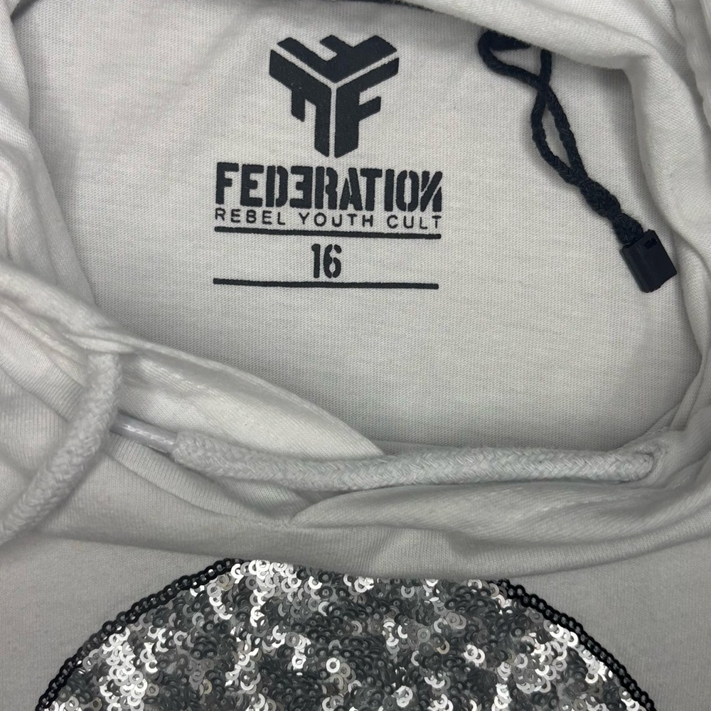 White Sequin Skull Hoodie short sleeve Federation Rebel Youth Cult- Size 16 - Picture 5 of 7